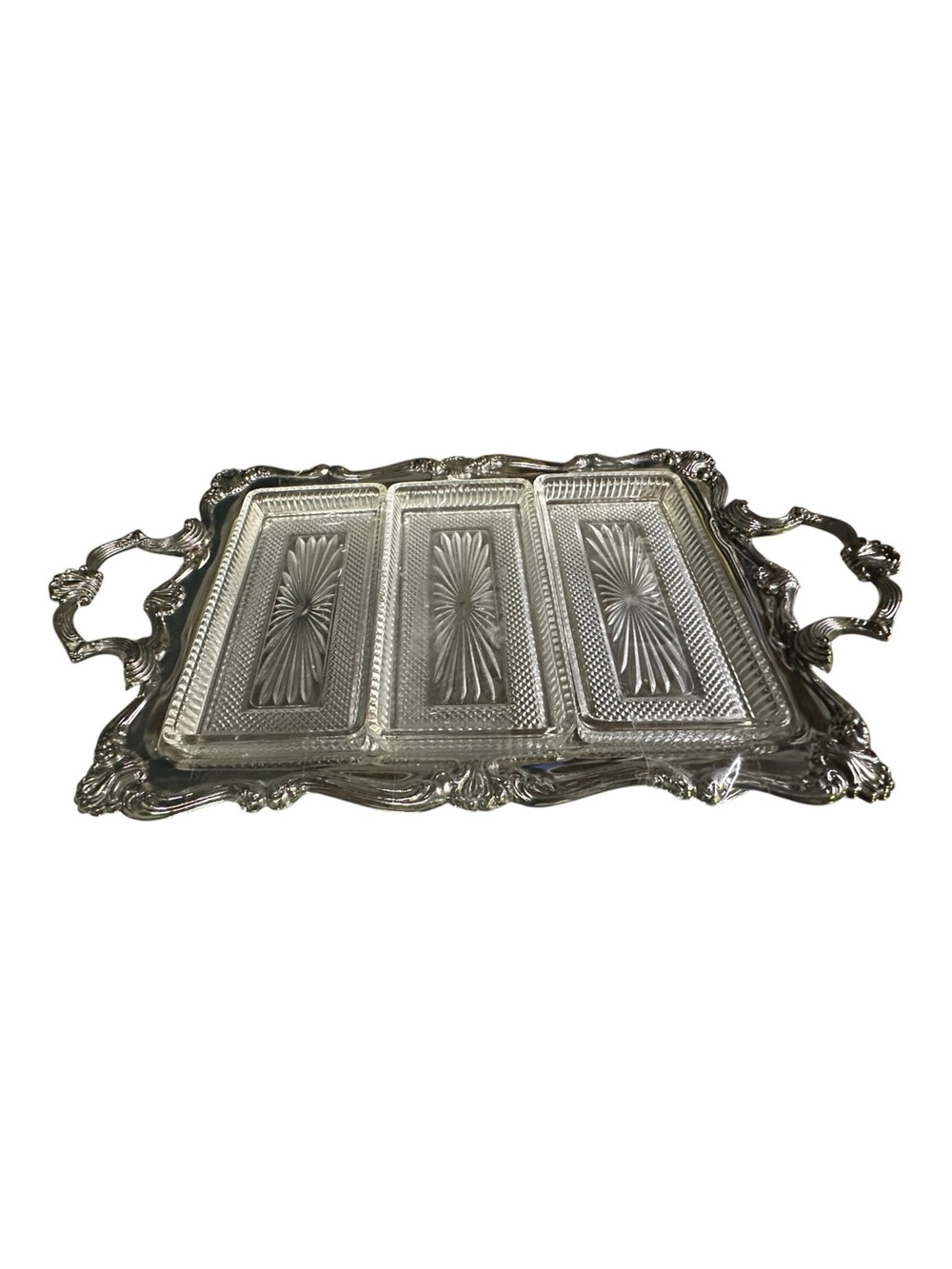 Vintage Silverplate Relish Serving Tray with glass inserts and Handles